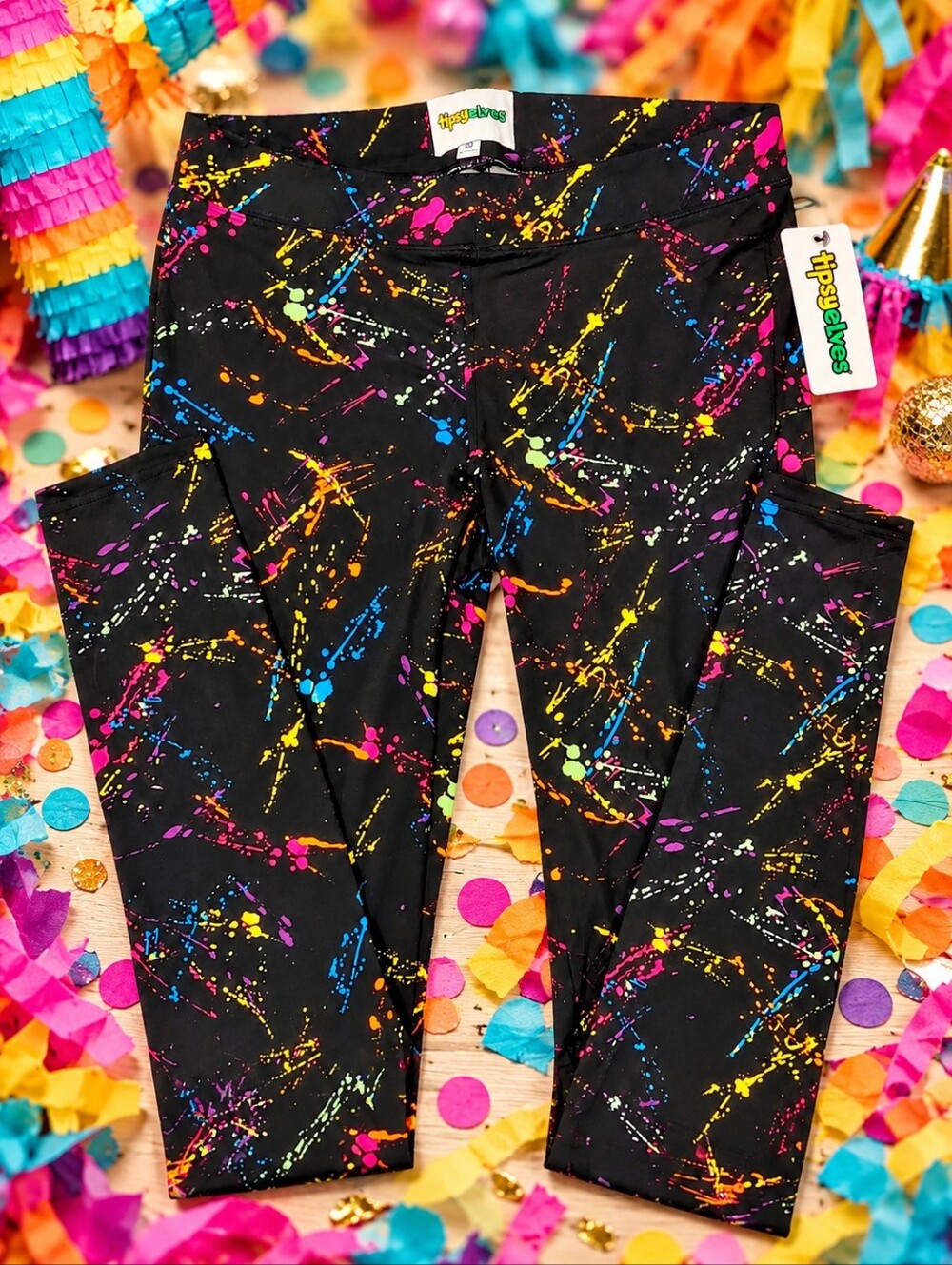 Tipsy Elves Neon Paint Splatter Leggings Black Multicolor M NWT